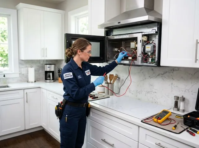 Appliance Repair Hero technician testing an over-the-range microwave in a Airway Heights, WA kitchen